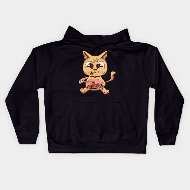 Cute Cat Eating Sushi Kids Hoodie by OnepixArt